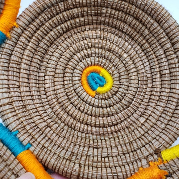 Handcrafted Woven Pine Needle Openwork Basket Orange Yellow Aqua - Picture 4 of 7